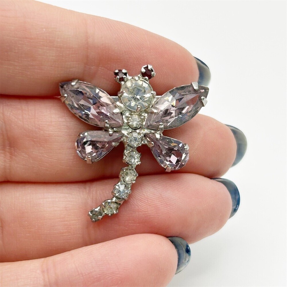 Vintage Lavender Rhinestone Dragonfly Brooch Silver Tone Insect Bug Pin